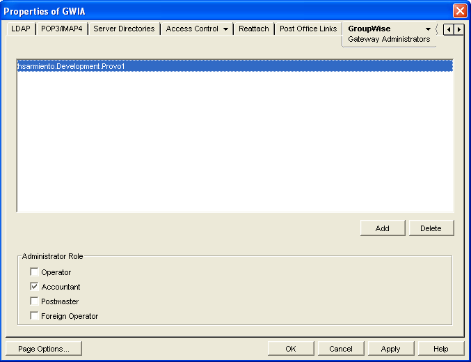 Gateway Administrators property page with the new administrator's name added