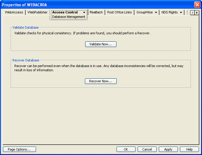 Database Management property page