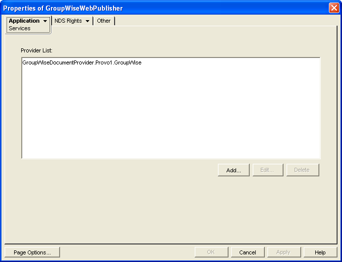 Services property page with the Provider List displayed