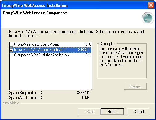 GroupWise WebAccess: Components dialog box