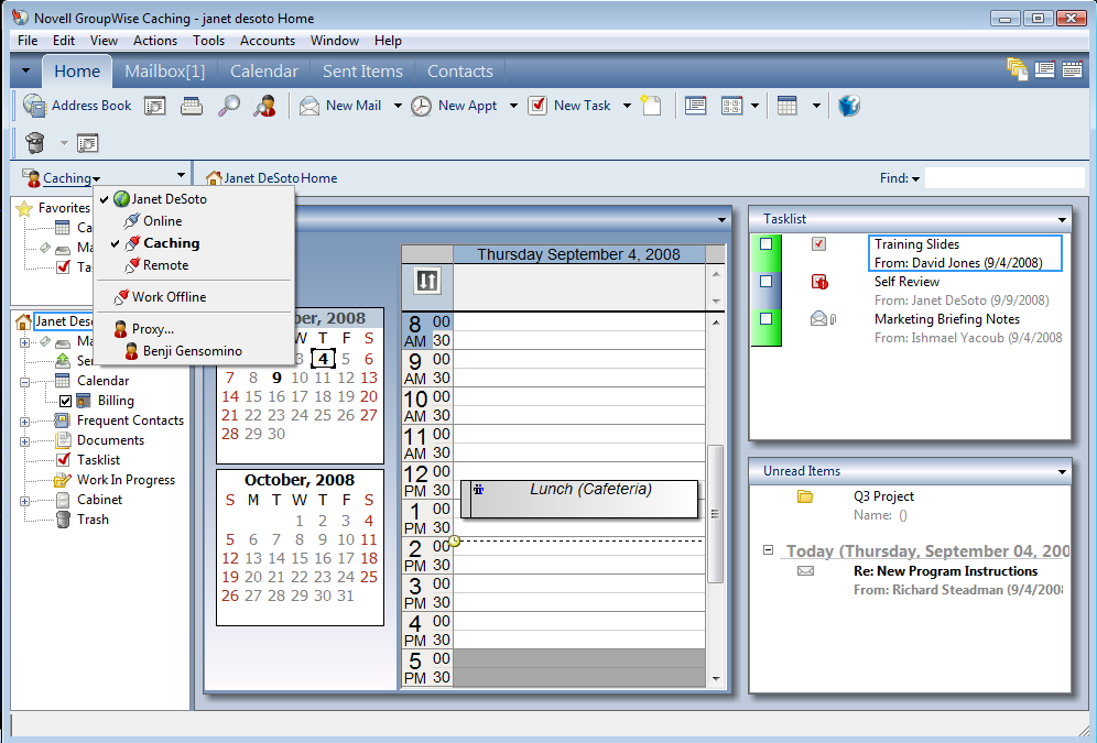 Mailbox view with Caching selected from the drop-down list