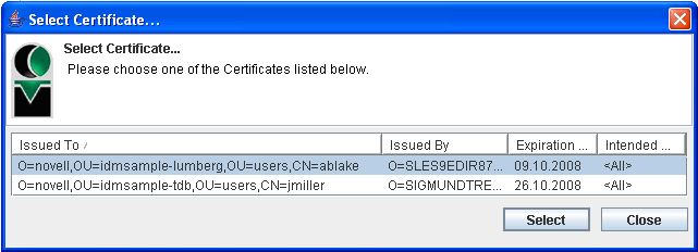 Select Certificate window 