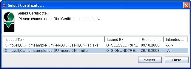 Select Certificate window 
