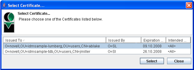 Select Certificate window 