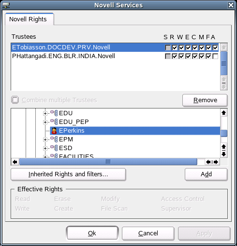 Novell Rights Dialog Box