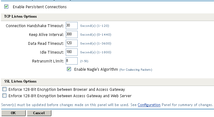 Configuring the listen options for clients