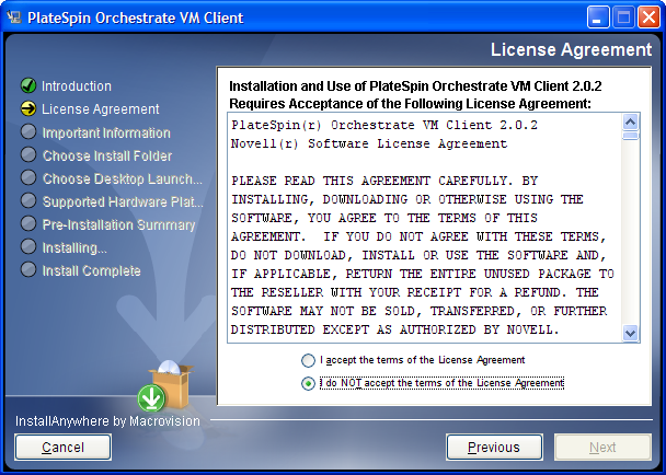 VM Client Installation Wizard - License Agreement Page