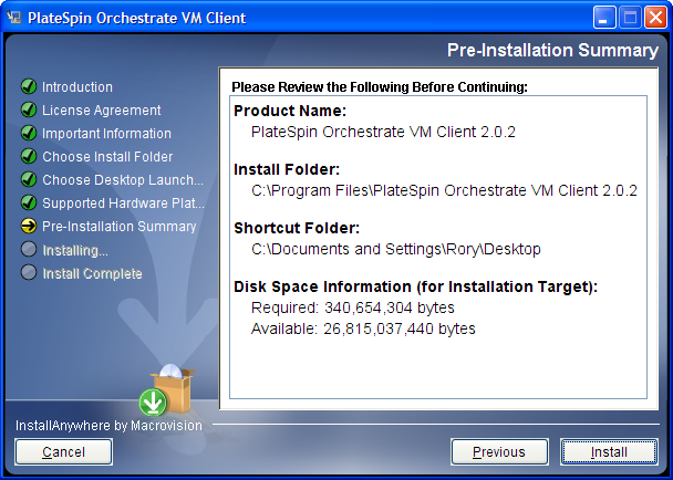 VM Client Installation Wizard - Pre-Installation Summary Page