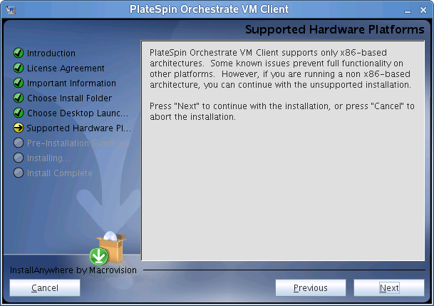 VM Client Installation Wizard - Supported Hardware Platforms Page