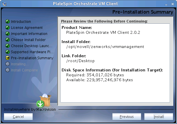 VM Client Installation Wizard - Pre-Installation Summary Page