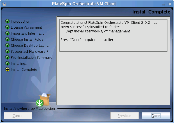 VM Client Installation Wizard - Install Complete Page