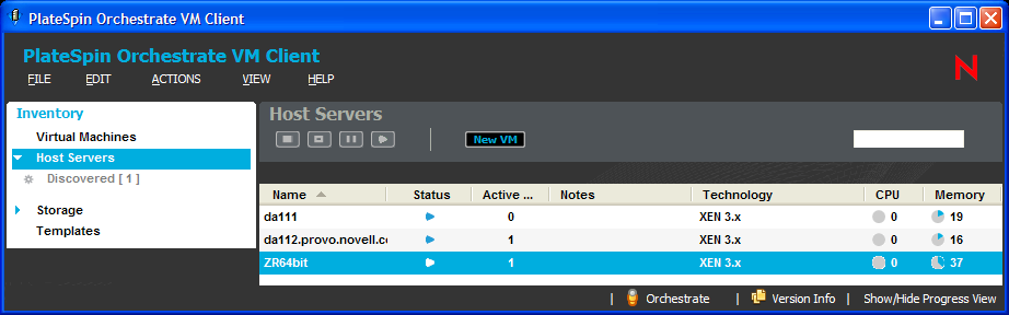 VM Client Window with Host Server Selected