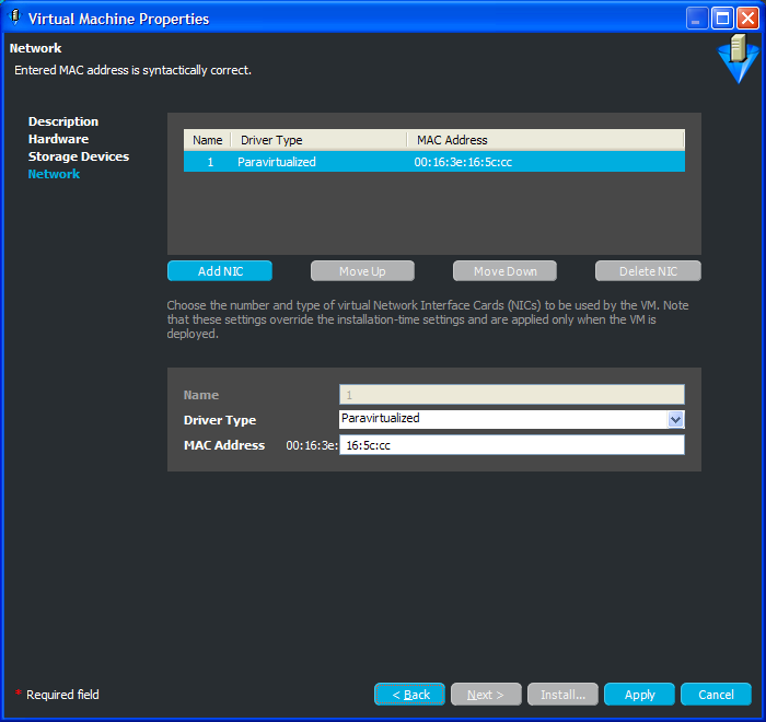 Virtual Machine Properties Wizard, Network Page