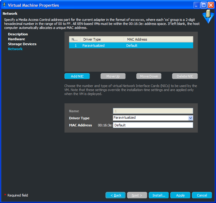 Network Page of the Virtual Machine Properties Wizard