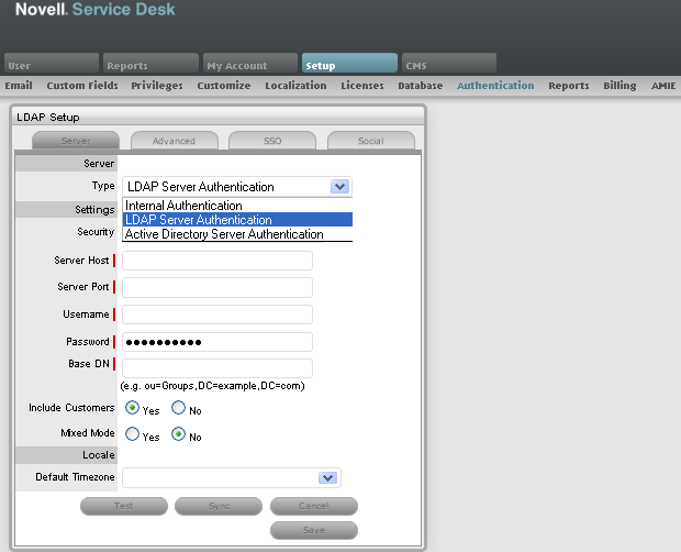 LDAP or Active Directory Setup page