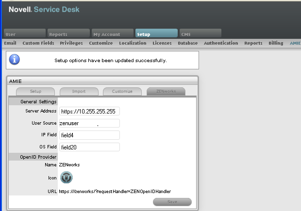 AMIE > ZENworks Setup page