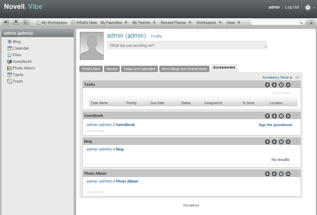 Novell Teaming administrator’s personal workspace