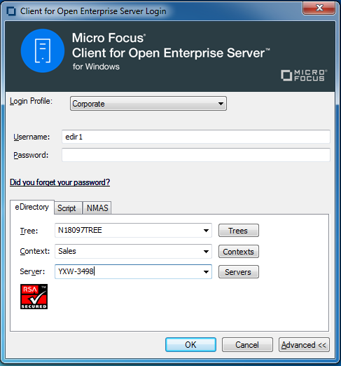 Novell Login dialog box with Corporate login profile selected