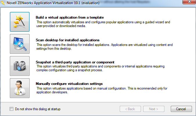 ZENworks Application Virtualization 10.1 Startup Screen