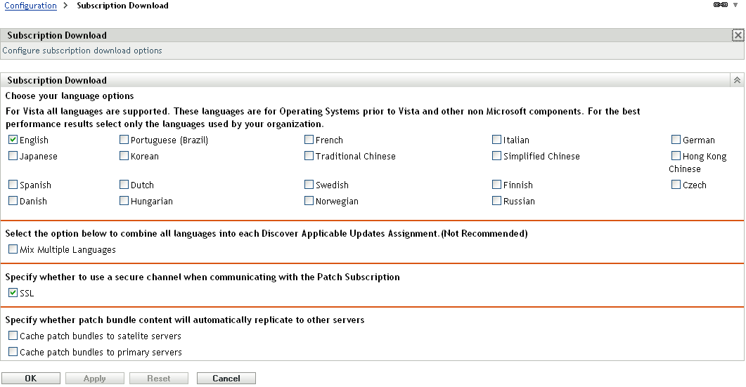 Subscription Download Options page