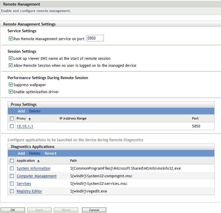 Remote Management Configuration page