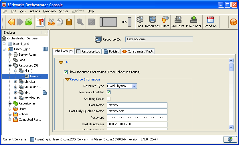 Info/Groups Tab of a Resource in ZENworks Orchestrator Console