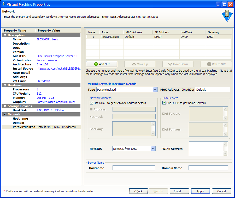 Virtual Machine Properties - Network Page