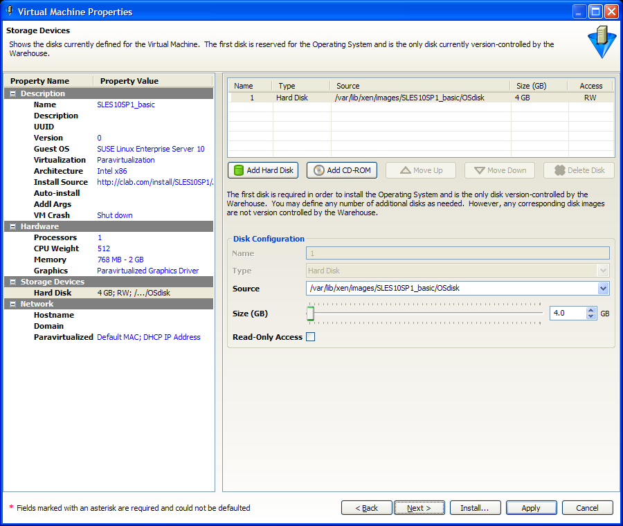Virtual Machine Properties - Storage Devices Page