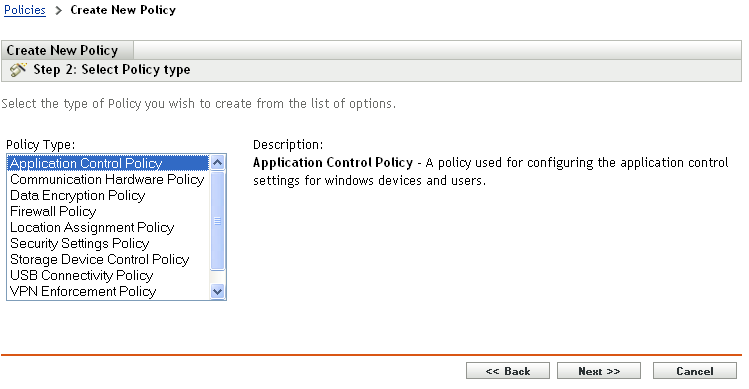 Select Policy Type page of the Create New Policy wizard