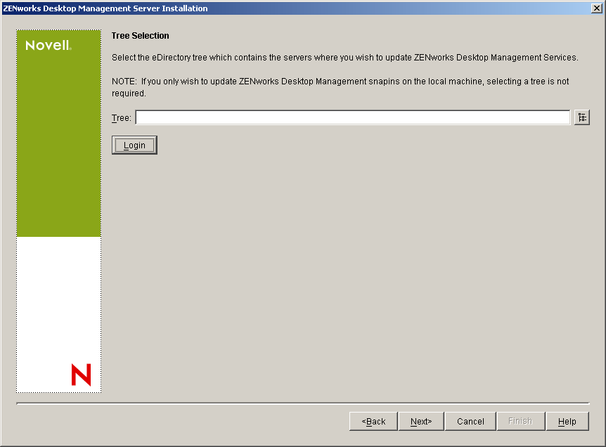The Tree Selection page of the ZENworks Desktop Management Server Installation wizard.