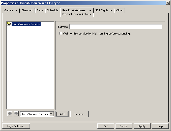 Pre-Post Actions > Pre-Distribution Actions properties page showing the Start Windows Service option with the Service field and a check box to wait for the process to finish before continuing.