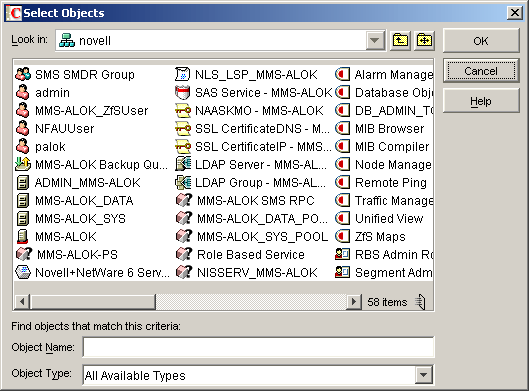 A list of predefined Novell ZENworks Server Management modules and Role-based Services role objects