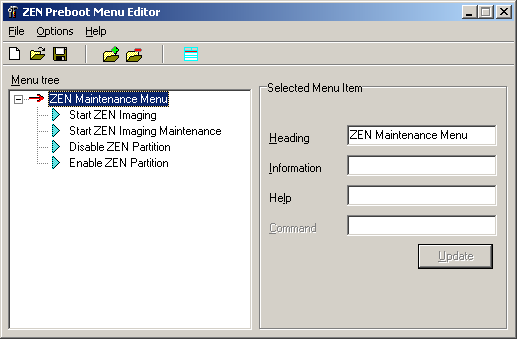 ZENworks Preboot Services Menu Editor window