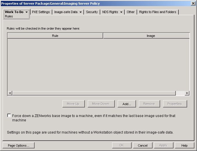 The properties of the Imaging Server policy’s Rules page.