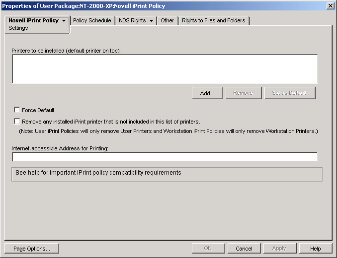 The Novell iPrint policy's Settings page.