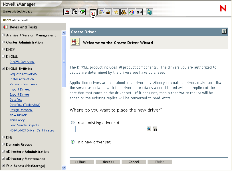 The Create New Driver Wizard pane opened on the main page of Novell iManager.