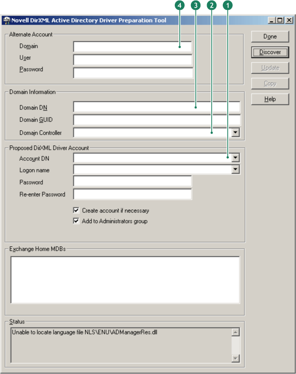 The main window of the Active Directory Driver Preparation Tool. Four fields are called out: Item 1 identifies the Account DN field, Item 2 identifies the Domain Controller field, Item 3 identifies the Domain DN field, and Item 4 identifies the Domain name field.