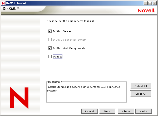The component selection page of the Novell Nsure Identity Manager Installation Wizard showing the DirXML Engine and Drivers option, and the DirXML Management Utilities option, and the Password Sync Agent option selected.