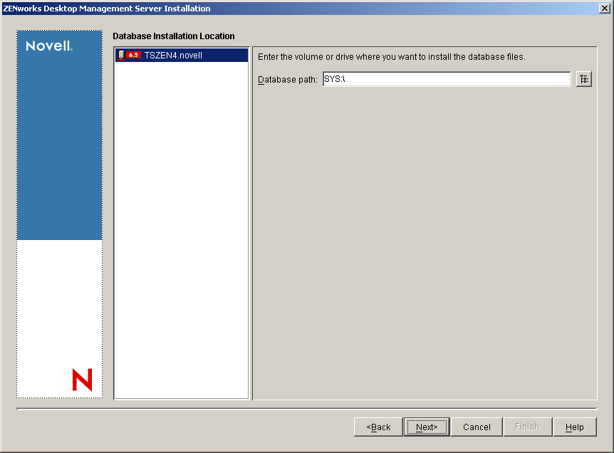 The Database Installation Location page of the ZENworks Desktop Management Services Intallation wizard.