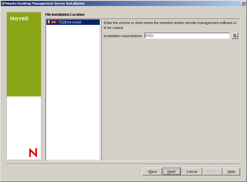 The File Installation Location page of the ZENworks Desktop Management Services Installation Wizard.