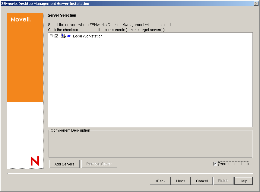 The Server Selection page of the ZENworks Desktop Management Server Installation Wizard.