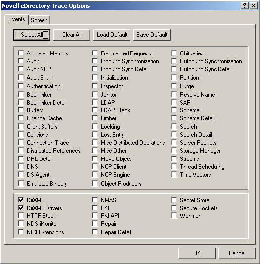 The Novell eDirectory Trace Options dialog box.