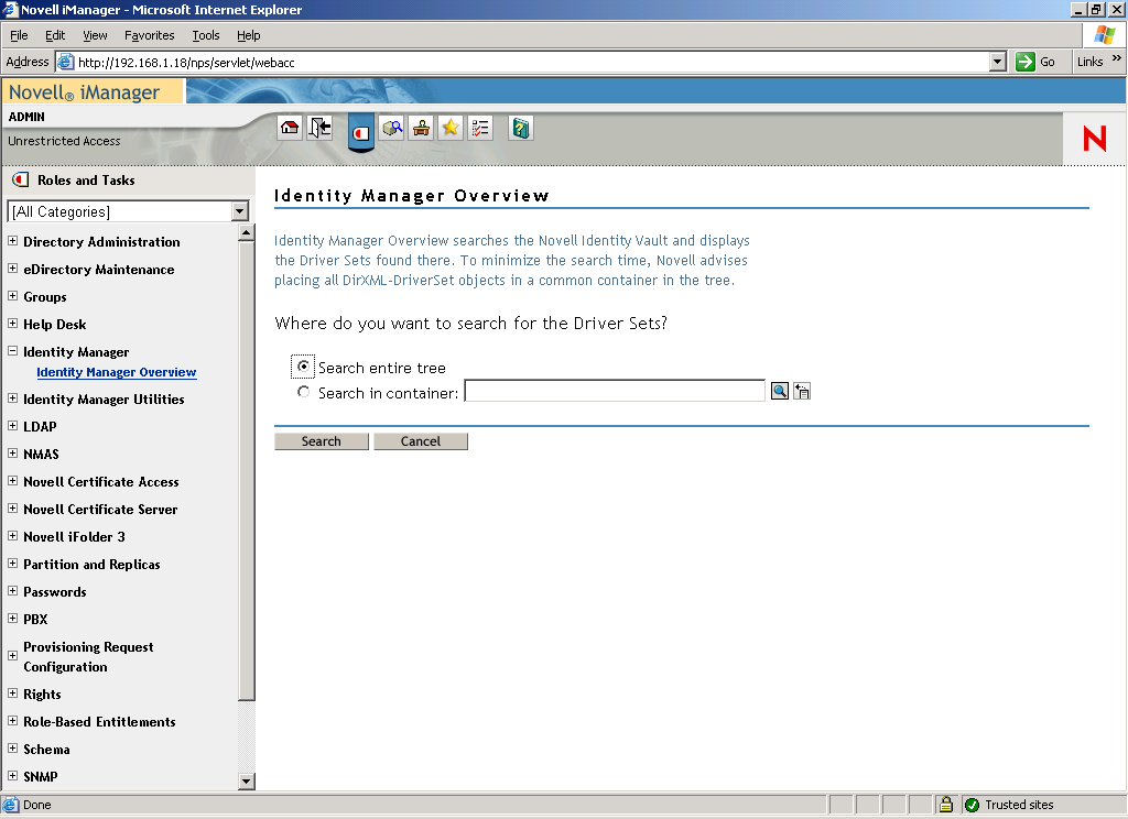The DirXML Overview utility in Novell iManager.
