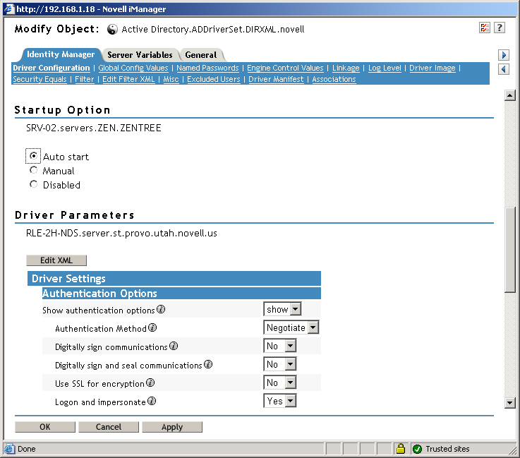 The Modify Object window of the DirXML Overview utility in Novell iManager.