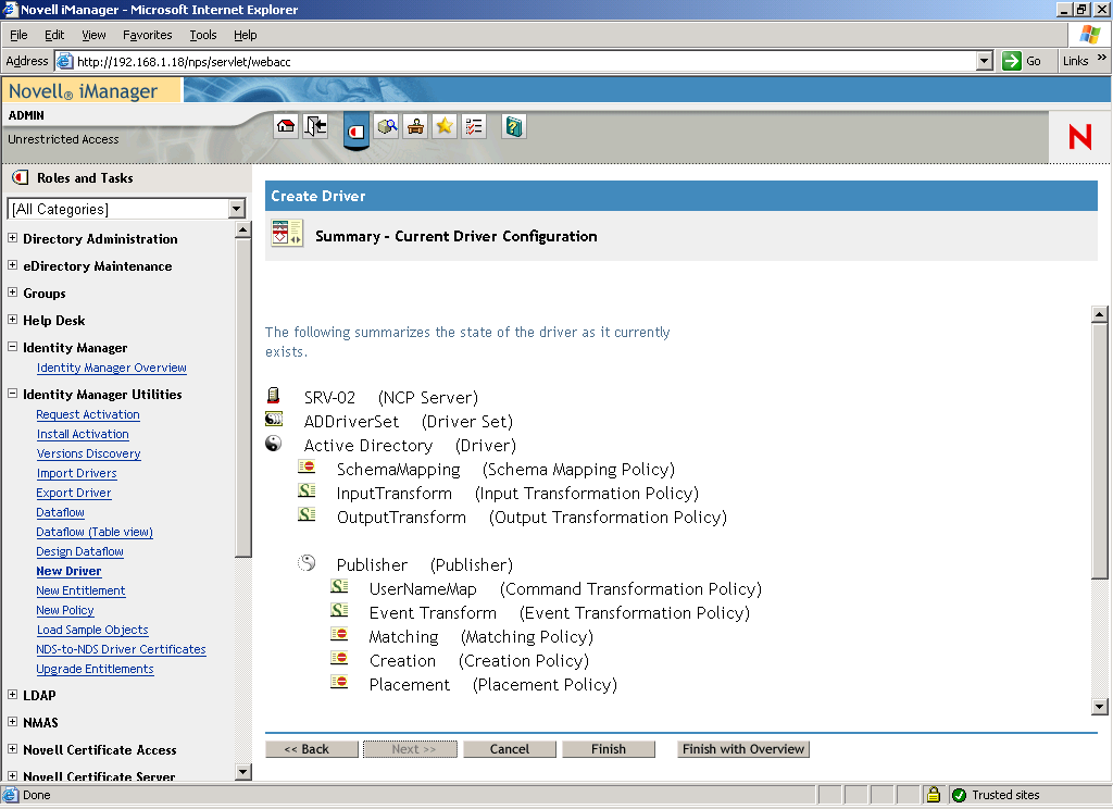 The Create Driver Wizard opened on the main page of Novell iManager. The Summary - Current Driver Configuration page is opened.