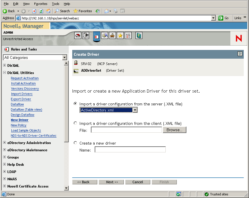 The Create Driver Wizard opened on the main page of Novell iManager. The ADDriverSet subpage is also opened.