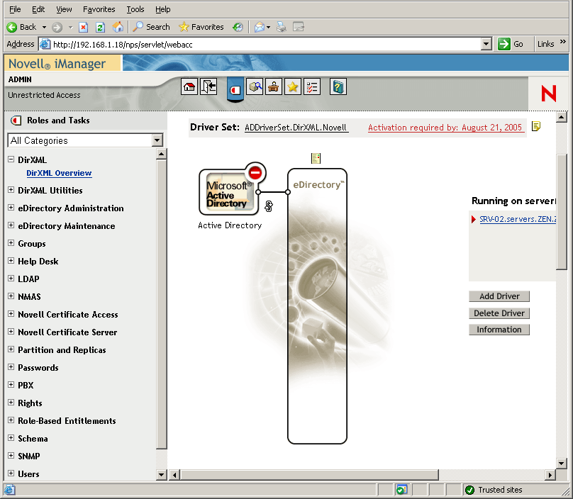 The Active Directory - eDirectory configuration page of the DirXML Overview utility in Novell iManager.