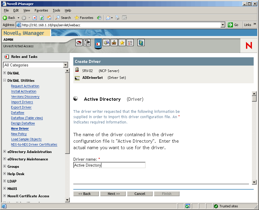 The Create Driver Wizard opened on the main page of Novell iManager. The Active Directory Driver Set page is opened.
