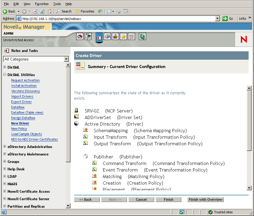 The Create Driver Wizard opened on the main page of Novell iManager. The Summary - Current Driver Configuration page is opened.
