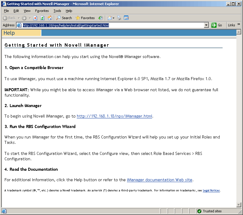 The Novell iManager help page.